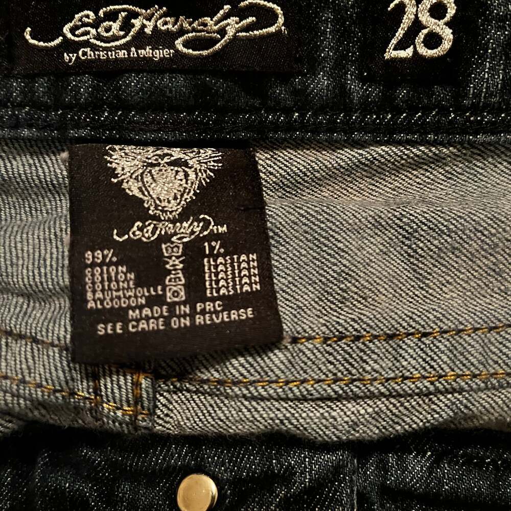 ULTRA RARE~ED HARDY~ TATTOO JEANS ~ SKINNY RAW HEM ~ MIXED MEDIA ~ DOVE~28 - Picture 6 of 16